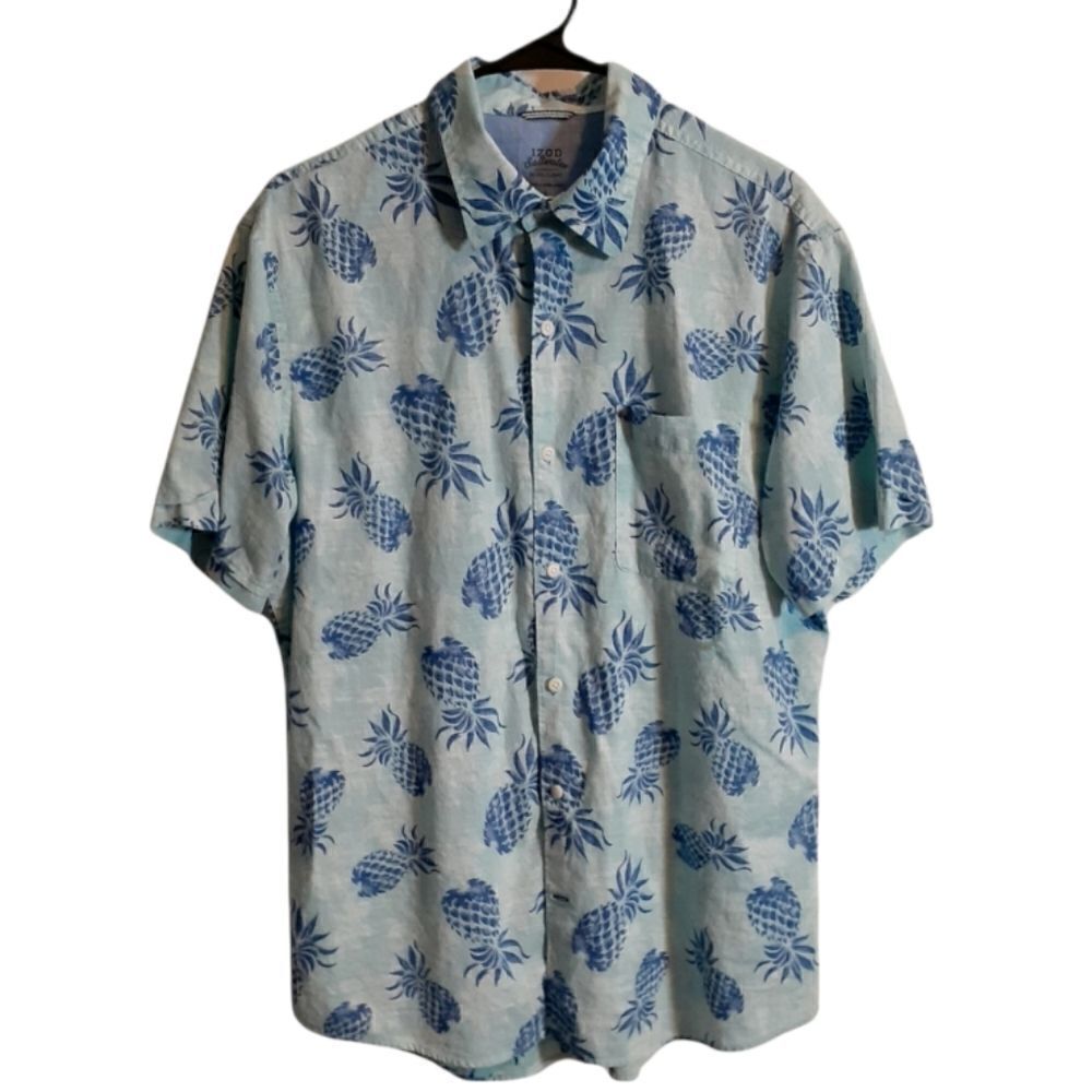 Izod Saltwater Hawaiian Shirt Blue Pineapples Size L